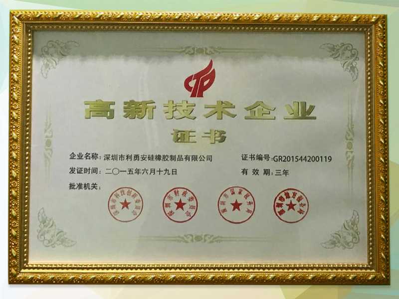 利勇安國家高新技術企業證書